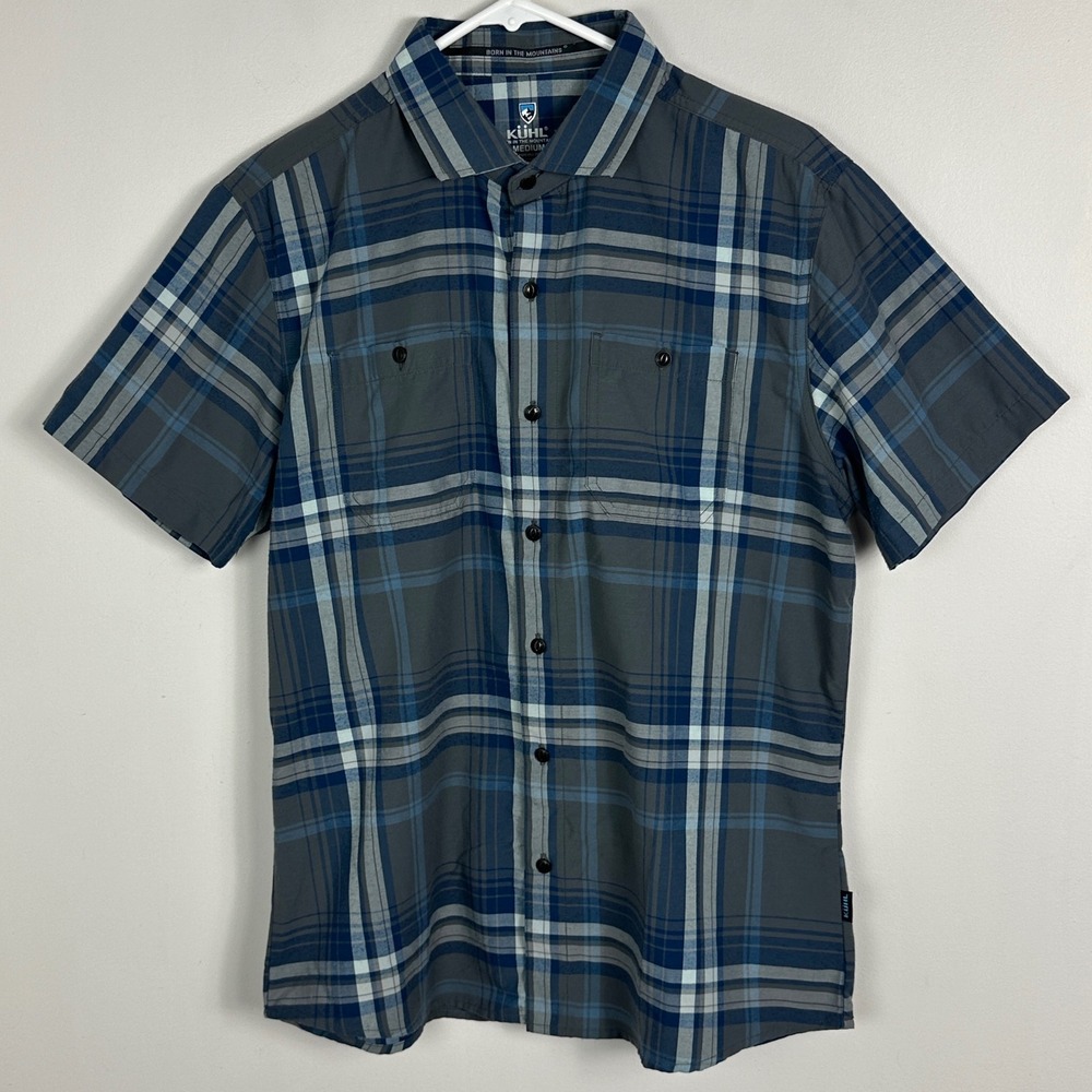 Kuhl Blue Plaid Short Sleeve Button Down Styk Shirt Mens Size Medium Outdoors